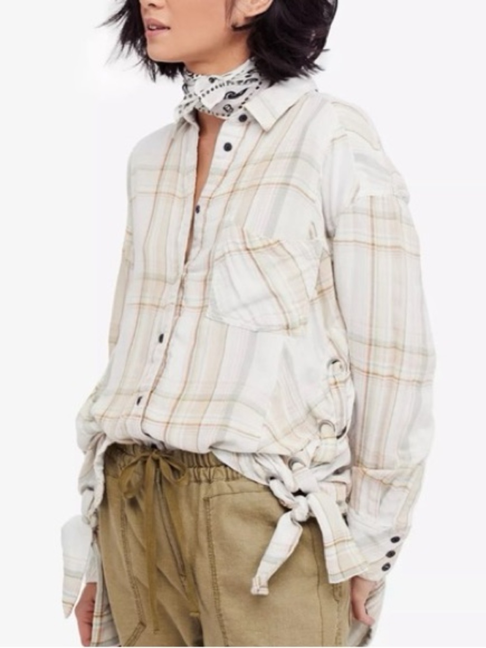 Free People Laced Side Nordic Day Oversized Flannel Button-Up Shirt Size M
